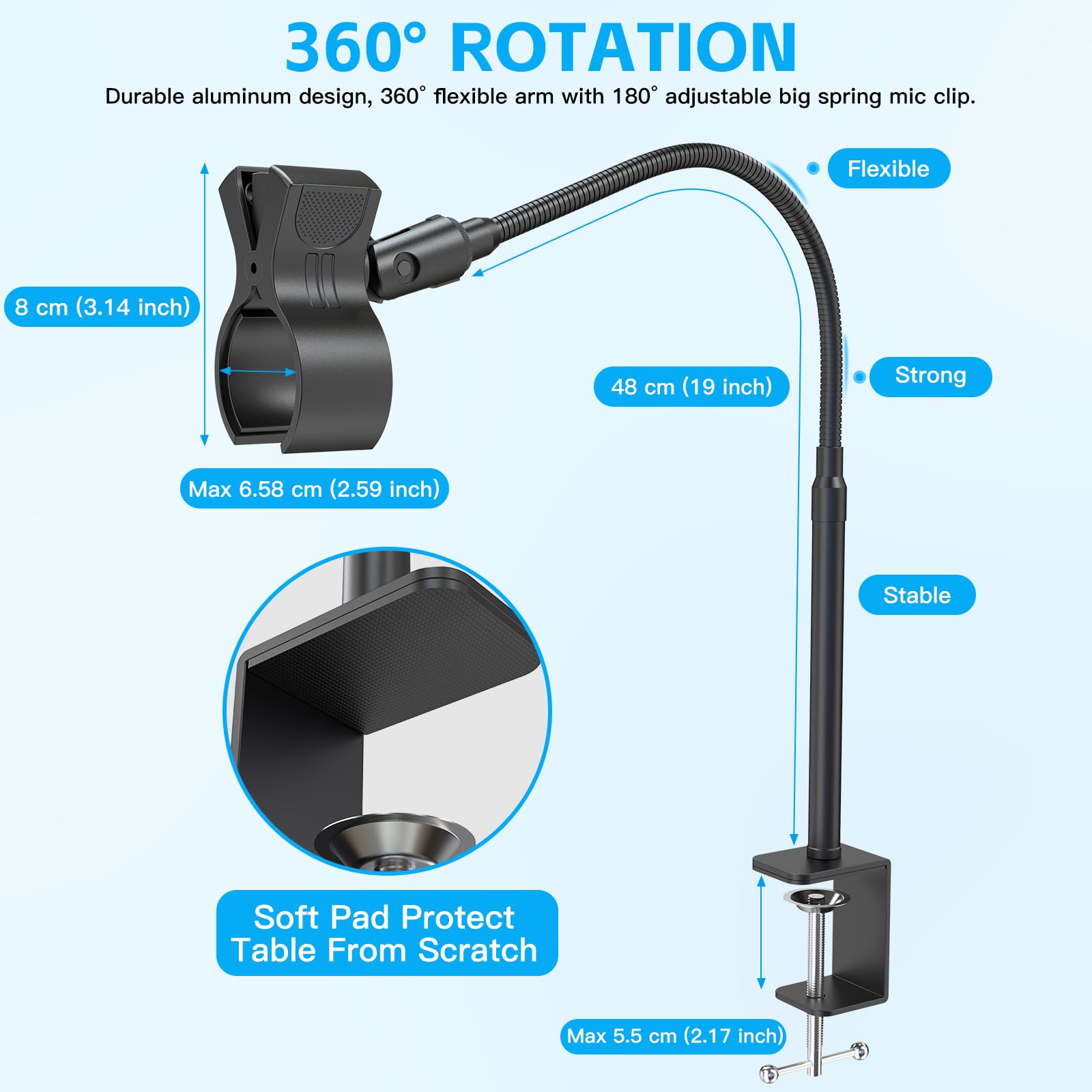 ZealSound Microphone Stand 19inch,Flexible Gooseneck Desktop Mic Stands,Upgraded Microphone Clip Holder for Mics with Outer Diam